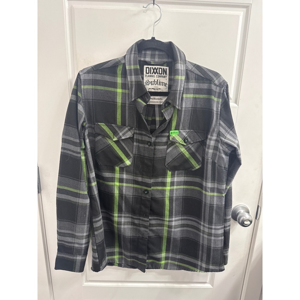 Dixxon Flannel Company Sublime Plaid Shirt Black Grey Neon Green Mens Large